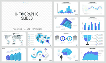 Set of minimal infographic design layouts. World and USA maps with marks, bar charts, jigsaw puzzle and 3d diagrams, thin line icons and text boxes. Vector illustration for presentation, brochure.