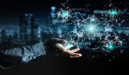 Businessman using digital binary code connection network 3D rendering