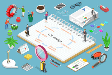 Isometric flat vector concept of UI design process, mobile app development, GUI design.