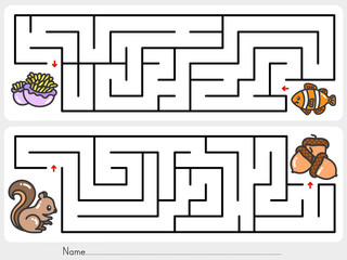 Wall Mural - Maze game: Help clownfish find the way to sea anemone and help squirrel find the way to nuts