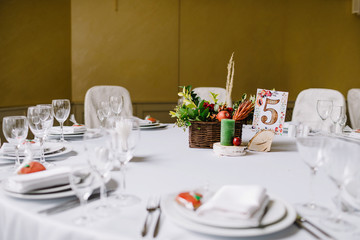 Wall Mural -  Close-up of folded napkin and empty glasses. 