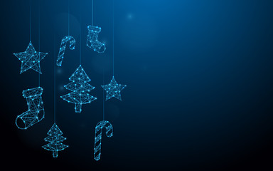 Christmas ornaments hanging form lines, triangles and particle style design. Illustration vector