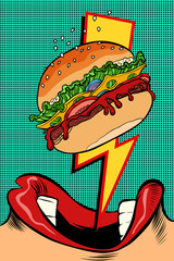 Woman eating Burger. Pop art style. Female mouth