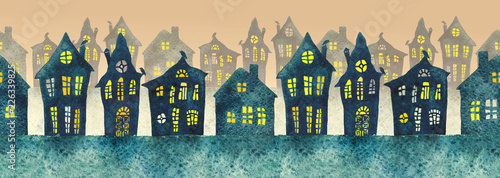 Plakaty do pokoju dziecka seamless-watercolor-illustration-of-a-foggy-street-in-the-night-with-old-houses-and-lit-windows-halloween-night