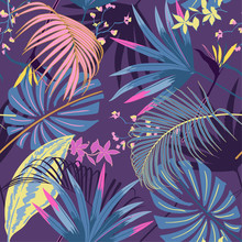 Vector Seamless Beautiful Artistic Summer Pastale Bright Tropical Pattern With Exotic Forest. Colorful Cute Original Stylish Floral Background Print, Bright Rainbow Colors