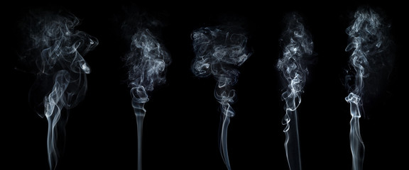 White smoke collection isolated on black background.