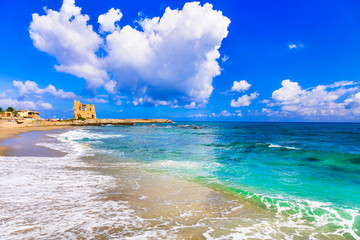 Coastal landscape of Calabria. Briatico, view with old saracen tower. Italy