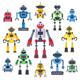 Fototapeta  - Flat bots and robots. Robotic bot mascot, humanoid robot and cute chatbot assistant vector flat characters set