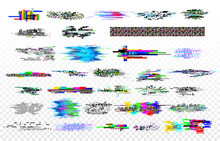 Modern Glitch Collection. Tv Noise Glitches, Monitor Signal Decay And Screen Bug. Digital Data Glitched Signals Texture Vector Set