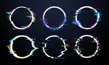 Glitch Circle Frame. Tv Distorted Signal Chaos, Glitched Ring Light Effect Distortion Frames And Flaw Glitches Bug Circles Vector Set