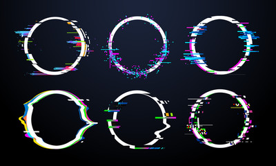 Glitch circle frame. Tv distorted signal chaos, glitched ring light effect distortion frames and flaw glitches bug circles vector set
