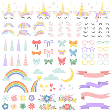 Unicorn Constructor. Pony Mane Styling Bundle, Unicorns Horn And Party Star Glasses. Flowers, Magic Rainbow And Head Bows Vector Set