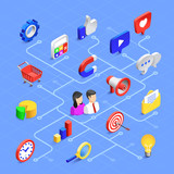 Fototapeta  - Social media isometric icons. Digital marketing communication, multimedia content or information sharing. Vector 3d icon set