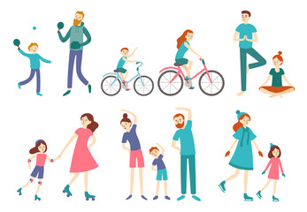 Wall Mural - Sport family people. Couple with kids on fitness workout, cycling and play tennis. Sports lifestyle activities vector illustration