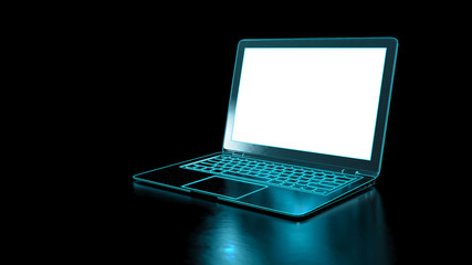 black laptop with blue neon light on dark background. notebook with empty blank screen. computer tec
