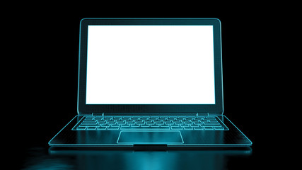 Black laptop with blue neon light on dark background. Notebook with empty blank screen. Computer technology and internet web communication concept. 3d Illustration