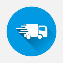  The car is going at high speed vector icon on blue background. Flat imageA symbol of fast delivery of cargo by a logistics company with long shadow. 