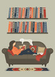 Woman reading book on sofa at warm sweet home. Original vector illustration.