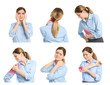 © New Africa - Set with mature woman suffering from pain in different parts of body on white background