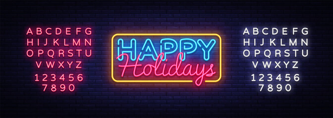 Wall Mural - Happy Holidays Neon Text Vector. Happy Holidays neon sign, design template, modern trend design, night neon signboard, night bright advertising, light banner. Vector. Editing text neon sign