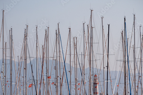 Fotografie, Obraz Poles of Sailing Yachts Against Blue Sky Background
