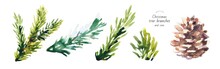 Watercolor Isolated Illustration Of Christmas Tree Branches, Freehand Drawing Of Festive Needles From Spruce Painted With Paints, Decoration For Christmas And New Year