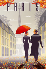 Loving Couple In Paris In The Fall.