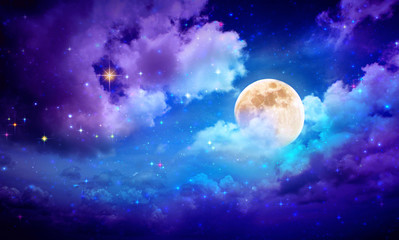 full moon with stars at dark night sky .
