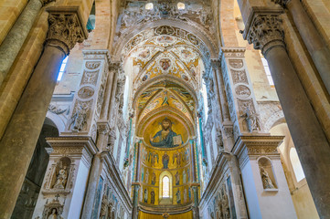 Indoor view in the amazing Cefalù Cathedral. Sicily, southern Italy.