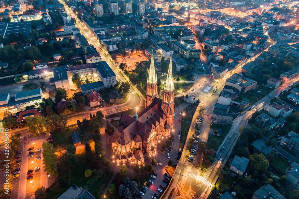 Obraz na płótnie Aerial drone view on Basilica and city center in Rybnik. w salonie