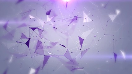 Wall Mural - Plexus of abstract multicolored geometrical lines with moving triangles and dots on a violet background animations.