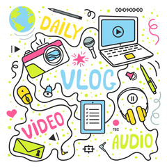 Vlog or video blogging or video channel set with handdrawn elements. Vector illustration made in doodle style, colourful design