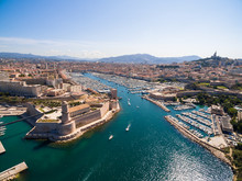 Aerial View Of Marseille Pier - Vieux Port, Saint Jean Castle, And Mucem In South Of France