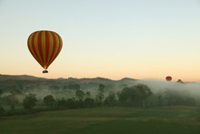 Hot Air Balloon Flight Over Gold Coast Hinterland, Queensland, Australia At Sunrise In Mid Winter