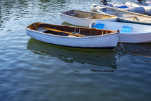 Docked Rowboat In The Water Near Shoreline