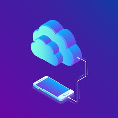 Wall Mural - Cloud storage. Cloud Computing Technology Isometric Concept with Smartphone Icons. Data transfers on Internet from gadget to gadget. Synchronization of devices. Vector illustration.