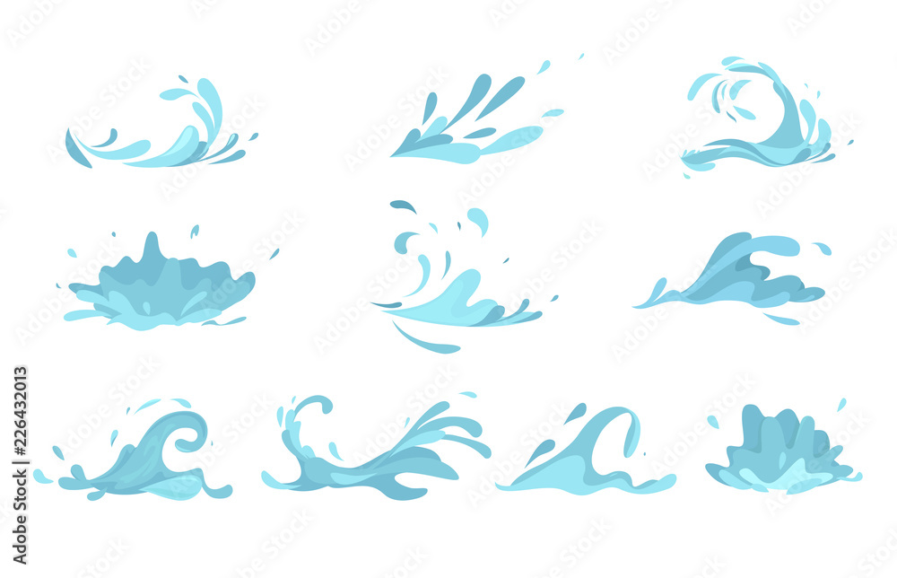 Water splashes collection blue waves wavy symbols - obrazy, fototapety, plakaty 