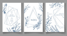 Set Of Winter Cards, Geometric Trendy Crystal Design. Hand Drawn