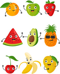 Wall Mural - Funny fruit face and cartoon fruit characters icon vector set