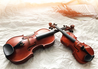 Two different size of violins put on background