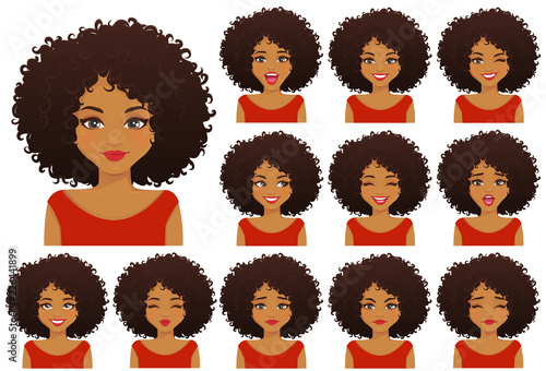 Fotografía African american woman with different facial expressions and afro hairstyle set