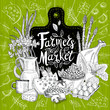 Farmers market logo design, healthy food shop. Vegetables, fruits meat, milk, eggs, bread. Organic food set. Good nutrition. Hand drawn vector illustration.