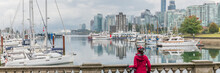 Vancouver Woman At City Skyline Wearing Helmet Biking In Harbour Front Of Urban Background Panorama Banner.