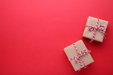 Christmas Gifts Presents On A Red Background.