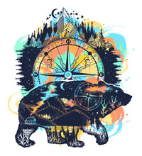 Bear And Mountains Tattoo Watercolor Splashes Style. Travel Symbol, Adventure Tourism. Mountain, Forest, Night Sky. Magic Tribal Bear Double Exposure Animals