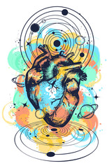 Wall Mural - Magic heart in space tattoo. Symbol of love, philosophy, psychology, imagination, dream. Anatomic heart among galaxies and planets t-shirt design watercolor splashes style