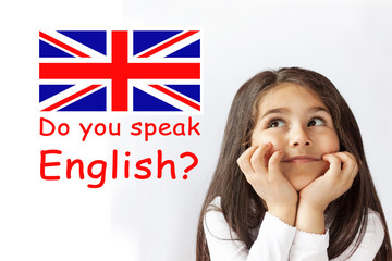 Learn English Language. Education Concept. Happy child girl face.