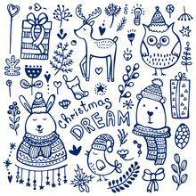 Christmas Doodle Collection. Hand Drawing Bear, Owl, Rabbit, Presents, Deer, Bird, Floral Elements, Mistletoe, Sock, Bulb, Hearts.