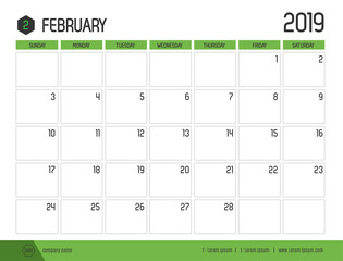 Vector of modern green calendar 2019 ( February ) in simple clean table style.full size 21 x 16 cm; Week start on Sunday.