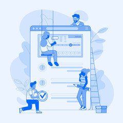 Wall Mural - Making client survey concept in flat design. Team of people creating test application form or questionnaire for marketing research. Teamwork over user experience exploration UI illustration.